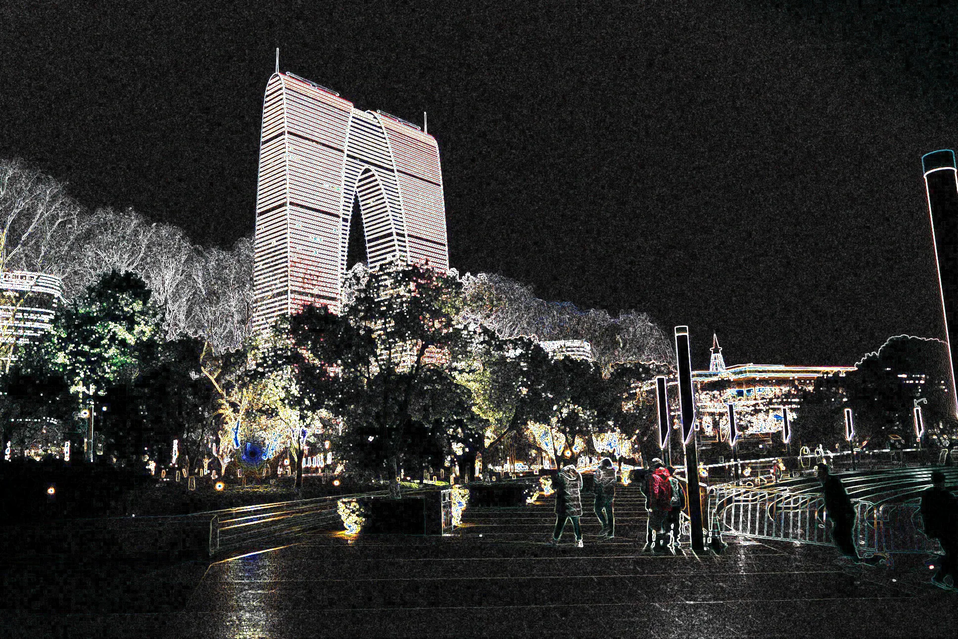 Single-band grayscale Sobel edge detection output of the night architecture photo